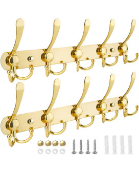 Ticonn Wall Mounted Coat Rack Five Heavy Duty Tri Hooks All Metal Construction For Jacket Coat Hat In Mudroom Entryway Gold 2