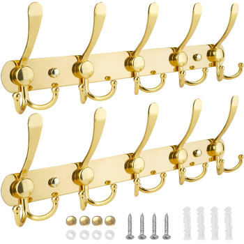 Ticonn Wall Mounted Coat Rack Five Heavy Duty Tri Hooks All Metal Construction For Jacket Coat Hat In Mudroom Entryway Gold 2