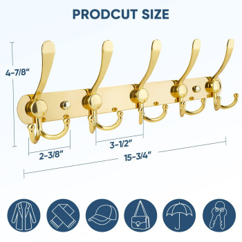 Ticonn Wall Mounted Coat Rack Five Heavy Duty Tri Hooks All Metal Construction For Jacket Coat Hat In Mudroom Entryway Gold 2