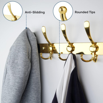 Ticonn Wall Mounted Coat Rack Five Heavy Duty Tri Hooks All Metal Construction For Jacket Coat Hat In Mudroom Entryway Gold 2