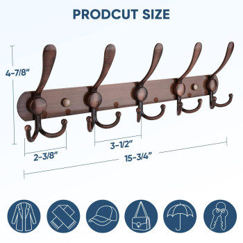 Ticonn Wall Mounted Coat Rack Five Heavy Duty Tri Hooks All Metal Construction For Jacket Coat Hat In Mudroom Entryway Antique