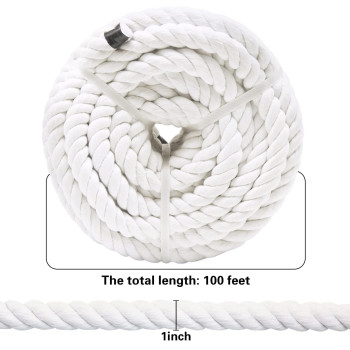 1 Inch X 100 Feet White Cotton Rope Strong Triple Strand Natural Twisted Cotton Rope For Landscaping Railing Climbing Decorati