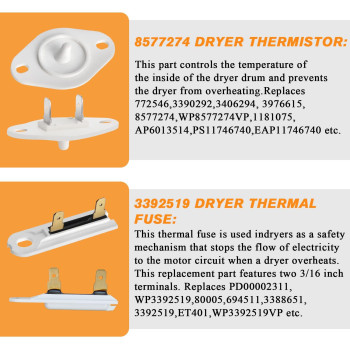 Blutoget 8577274 Dryer Thermistor 3392519 Dryer Thermal Fuse Compatible For Whirlpool Kenmore Maytag Dryersreplace Partnumbe