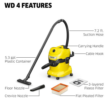 Krcher Wd 4 Multipurpose Wetdry Vacuum Cleaner 53 Gallon With Attachments Spacesaving Design 1100W 2022 Edition Y