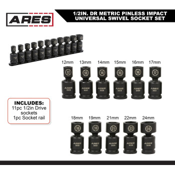 Ares 2512511Piece Metric Pinless Universal Swivel Impact Socket Set 12Inch Drive Swivel Impact Sockets Access Hard To Reac