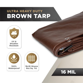 Ateret 20 X 30 Super Heavy Duty 16 Mil Brown Poly Tarp Cover Uv Resistant Thick Waterproof Rip And Tear Proof Tarpaulin Wi