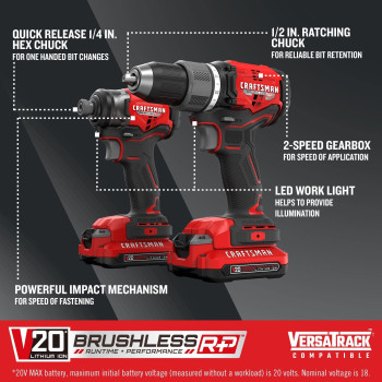 Craftsman V20 Rp Cordless Drill And Impact Driver Brushless Power Tool Combo Kit 2 Batteries And Charger Included Cmck211C2