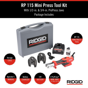 Ridgid 72553 Model Rp 115 Mini Press Tool And Battery Kit With 12 To 34 Propress Press Tool Jaws 2V Liion Battery 12V C