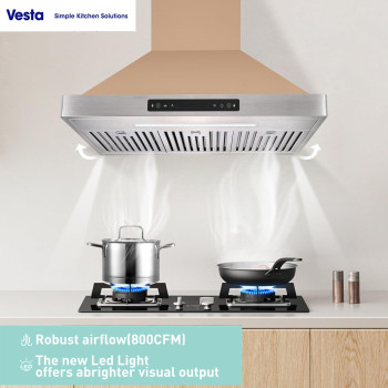 Vesta Brussels 800Cfm 30 Gold Stainless Steel Wall Mounted Range Hood With 6 Speeds Touchgesture Control 6 Round Vent Baf