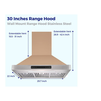 Vesta Brussels 800Cfm 30 Gold Stainless Steel Wall Mounted Range Hood With 6 Speeds Touchgesture Control 6 Round Vent Baf