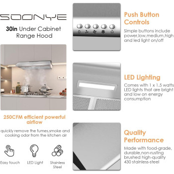 Soonye 30 Inch Stainless Steel Under Cabinet Range Hood Slim Kitchen Vent Hood Ductedductless Convertible With 3 Speed Control