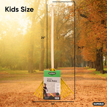 Superio Kids Rake With Hardwood Handle Durable Plastic Head To Sweep Leaves In Lawn And Tidying Up The Garden 34 Kid Size