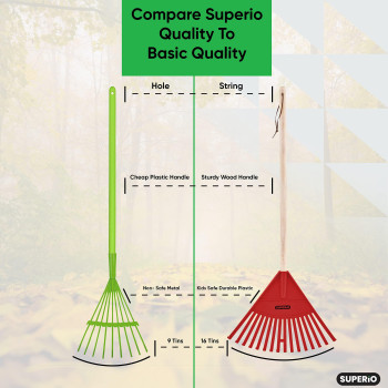 Superio Kids Rake With Hardwood Handle Durable Plastic Head To Sweep Leaves In Lawn And Tidying Up The Garden 34