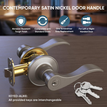 Ticonn Traditional Wave Style Reversible Door Lever Door Handle For Interior Doors And Closet Satin Nickel Keyed Entry Keye