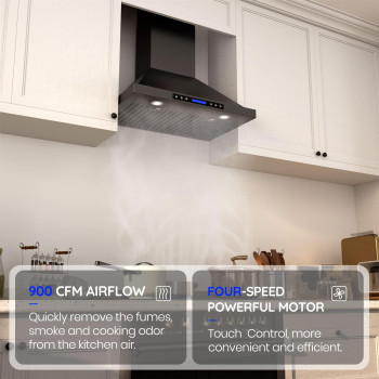 Range Hood Ekon Nap02 Black 900Cfm Wall Mount Range Hood Ductedductless Convertible Kitchen Chimney Vent 4 Speeds Touch Contr