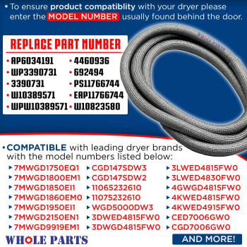 Whole Parts Dryer Door Seal Part W10906683 Replacement And Compatible With Some Crosley Kenmore And Whirlpool Dryers