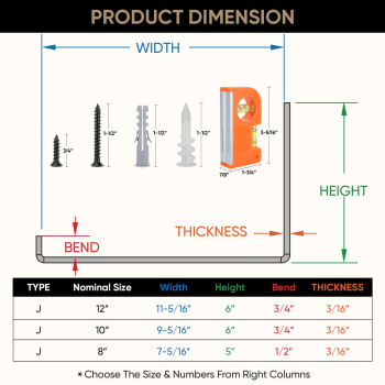 Ticonn 1364 J Shape Shelf Bracket Metal Shelf Brackets Heavy Duty For Room Home Office Garage 12 4 Pack