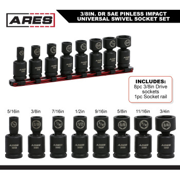 Ares 251598Piece Sae Pinless Universal Swivel Impact Socket Set 38Inch Drive Swivel Impact Sockets Access Hard To Reach Fa