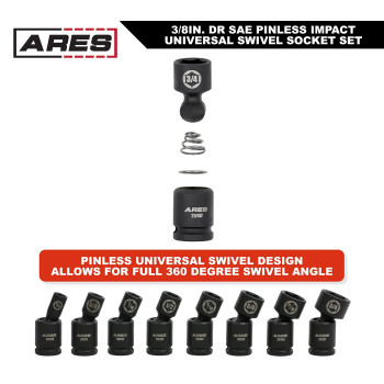 Ares 251598Piece Sae Pinless Universal Swivel Impact Socket Set 38Inch Drive Swivel Impact Sockets Access Hard To Reach Fa