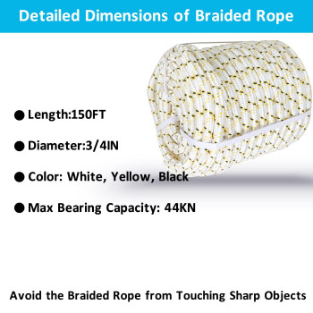 Elfinrm Arborist Tree Rope 34Inch By 150Ft 24 Strand Bull Rope Up To 44Kn Tensile Strength White Yellow Black