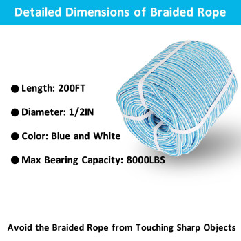 Elfinrm Arborist Tree Rope 12Inch By 200Ft 24 Strand Bull Rope Up To 8000Lbs Tensile Strength Blue And White