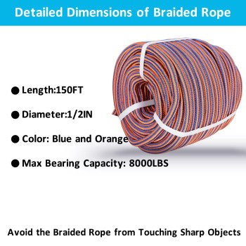 Elfinrm Arborist Tree Rope 12Inch By 150Ft 12 Strand Bull Rope Up To 8000Lbs Tensile Strength Blue And Orange