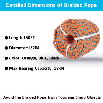 Elfinrm Arborist Tree Rope 12Inch By 150Ft 32 Strand Bull Rope Up To 18Kn Tensile Strength Orange Blue Black