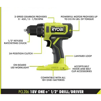 Ryobi One 18V Cordless 12 In Drilldriver Kit With 1 15 Ah Battery And Charger