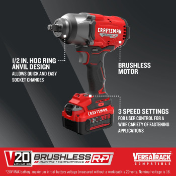 Craftsman V20 Rp Impact Wrench Cordless Brushless High Torque 12 Inch 4Ah Battery And Charger Included Cmcf940M1