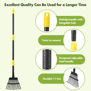 Rake For Leaves Heavy Duty Garden Small Leaf Rake For Lawns 60 Long 85 Inch Wide Adjustable 11 Tines Sturdy Metal Yard Rake