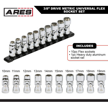 Ares 39015 10Piece 38Inch Drive Metric Universal Flex Socket Set 6Point Sockets From 10Mm To 19Mm Universal Joint Flex