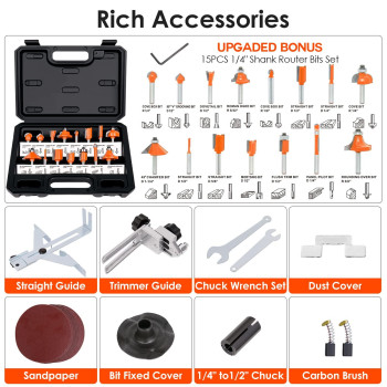 Thinkwork Compact Router 65Amp 125 Hp Compact Wood Palm Router Tool 6 Variable Speeds Wood Trimmer With 15 Pieces 14 Rou