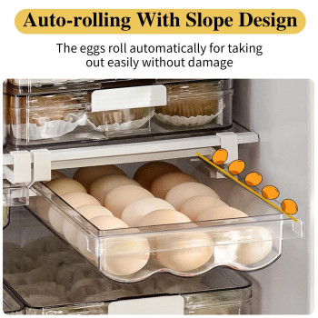 Meijia Egg Holder For Fridge With Handle Automatic Rolling Egg Organizer For Refrigerator Clear Plastic Egg Storage For Refrige