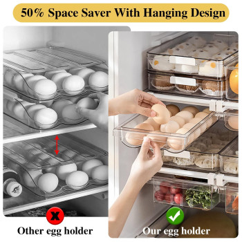 Meijia Egg Holder For Fridge With Handle Automatic Rolling Egg Organizer For Refrigerator Clear Plastic Egg Storage For Refrige