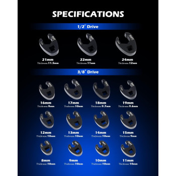 Orion Motor Tech Crowfoot Wrench Set For 8 To 24 Mm Flare Nuts 15Pc Crows Foot Wrench Set For 38 And 12 Drive Ratchets Ex