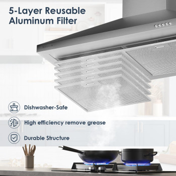 Soonye 450 Cfm 30 Inch Range Hood Stainless Steel Wall Mount Vent Hood Convertible To Ductlessducted With Led Lights 3 Speed