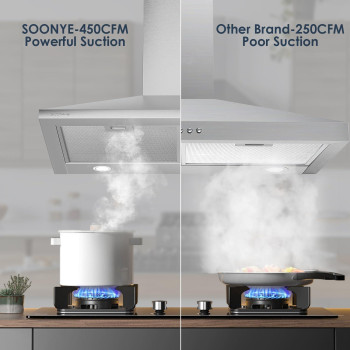 Soonye 450 Cfm 30 Inch Range Hood Stainless Steel Wall Mount Vent Hood Convertible To Ductlessducted With Led Lights 3 Speed