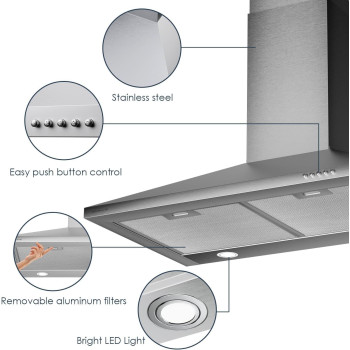 Soonye 450 Cfm 30 Inch Range Hood Stainless Steel Wall Mount Vent Hood Convertible To Ductlessducted With Led Lights 3 Speed