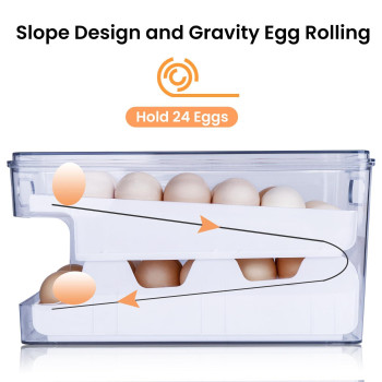 Vphom Egg Container For Refrigerator Egg Holder Rolling Egg Holder For Refrigerator Automatic 24 Count Egg Dispenser For Refri