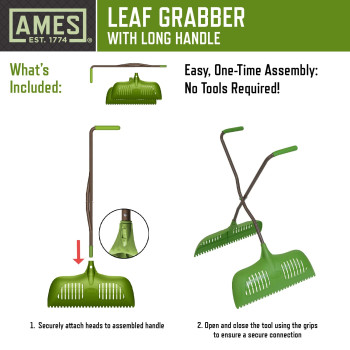 Ames Leaf Grabber Rake With Long Handle Cushioned Grip For Leaves Lawn Clippings Twigs Yard Waste