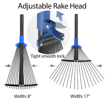 Adjustable Garden Leaf Rake 60 Inch Collapsible Metal Yard Rake For Leaves With Expandable Head 817 Collect Loose Debris Fo