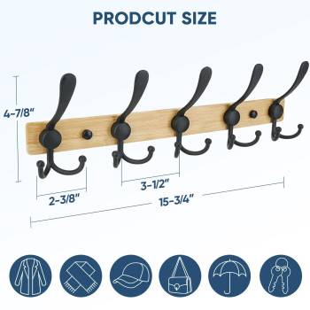 Ticonn Wall Mounted Coat Rack Five Heavy Duty Tri Hooks All Metal Construction For Jacket Coat Hat In Mudroom Entryway Wood Bl