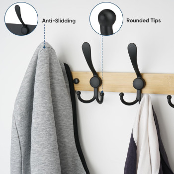 Ticonn Wall Mounted Coat Rack Five Heavy Duty Tri Hooks All Metal Construction For Jacket Coat Hat In Mudroom Entryway Wood Bl