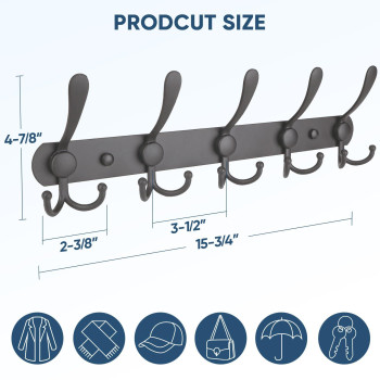 Ticonn Wall Mounted Coat Rack Five Heavy Duty Tri Hooks All Metal Construction For Jacket Coat Hat In Mudroom Entryway Space G