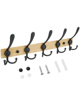 Ticonn Wall Mounted Coat Rack Five Heavy Duty Tri Hooks All Metal Construction For Jacket Coat Hat In Mudroom Entryway Wood Bl