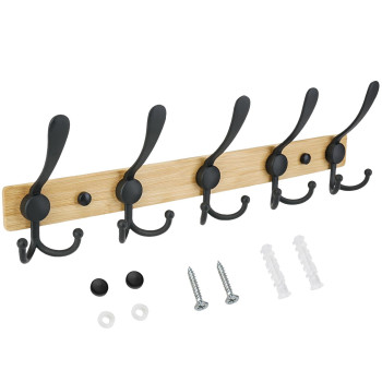 Ticonn Wall Mounted Coat Rack Five Heavy Duty Tri Hooks All Metal Construction For Jacket Coat Hat In Mudroom Entryway Wood Bl