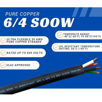 6 Gauge 4 Conductor 64 Awg Black Soow Portable Power Cable Wire 5 Feet