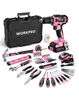 Workpro 20V Pink Cordless Drill Driver And Home Tool Set 141Pcs Hand Tool Kit For Diy Home Maintenance 20 Ah Liion Battery