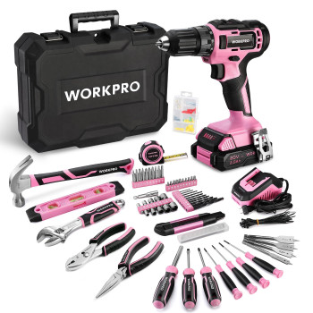 Workpro 20V Pink Cordless Drill Driver And Home Tool Set 141Pcs Hand Tool Kit For Diy Home Maintenance 20 Ah Liion Battery