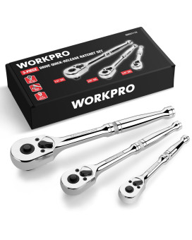 Workpro 3Piece Ratchet Set Quick Release Reversible 72Tooth 14 38 12 Drive Ratchet Wrench 5 Degree Swing Chrom